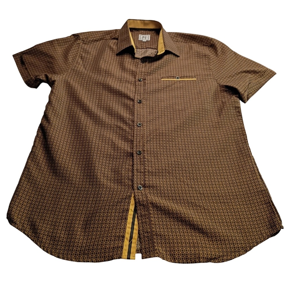 De-Niko Men's Brown Gold Geometric Short Sleeve Button Down Shirt  Collar Shirt